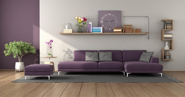 Modern living room with purple sofa