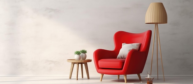 赤いアームチェアとランプの現代的なリビングルーム スカンジナビアのインテリアデザインの家具