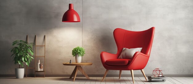 Photo modern living room with red armchair and lamp scandinavian interior design furniture