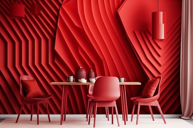 빨간색 Pantone 장식과 매끄러운 가구가 있는 현대적인 거실
