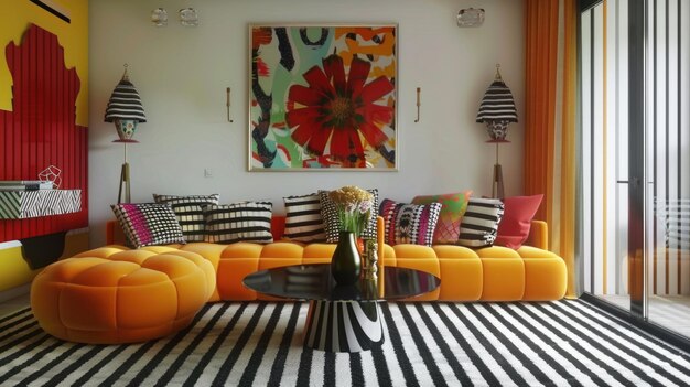 Modern living room with red and white striped walls red armchair and leather couch