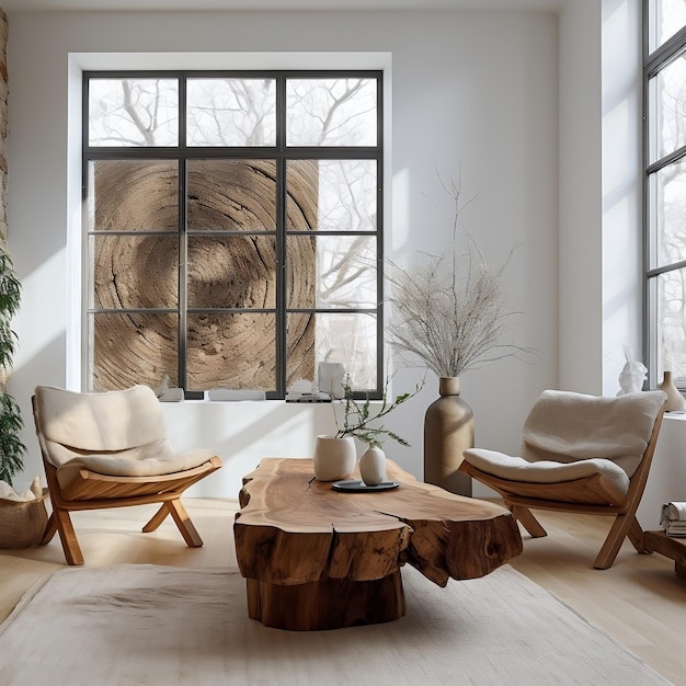 modern living room with rustic live edge table and wooden armchairs against of windows