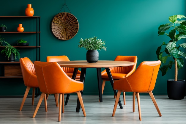 Modern living room with Scandinavian design round dining tableorange leather chaisand a green wall