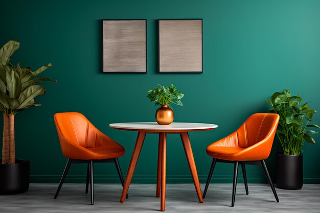 В современной гостиной с скандинавским и средневековым дизайном интерьера оранжевые кожаные стулья