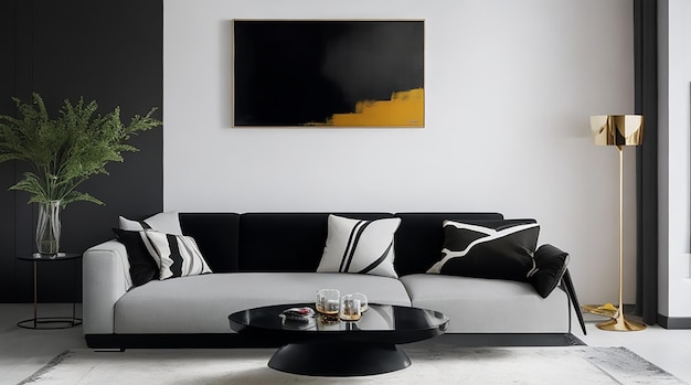 Современная гостиная с гладким черным диваном, стеклянным журнальным столиком и яркой абстрактной картиной.