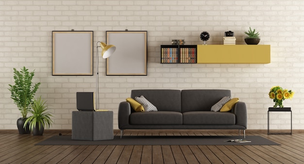 Modern living room with sofa and brick wall