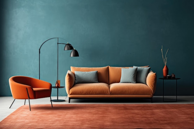 Современная гостиная с диваном и ковром Генеративный ИИ