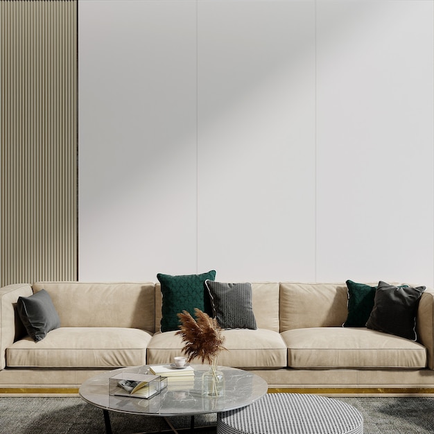 Soggiorno moderno con divano davanti al muro bianco 3d render