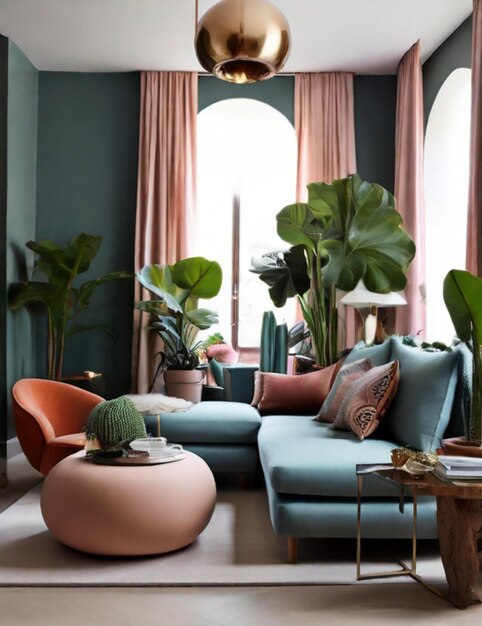 Современная гостиная с диваном и растениями Идея дизайна интерьера Современный цвет Динамис Цветочный в комнате