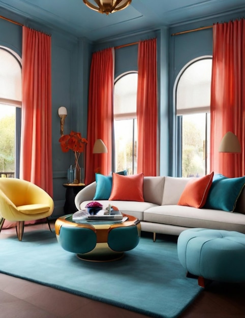 소파와 식물이 있는 현대적인 거실 아이디어 인테리어 디자인 현대적인 색 다이너미스 꽃