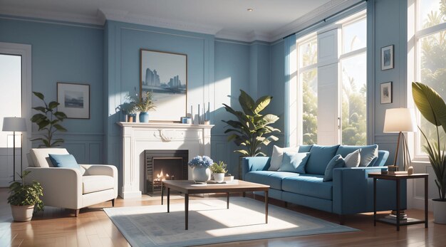 A modern living room with sofa and plants in blue tone