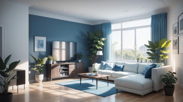 A modern living room with sofa and plants in blue tone