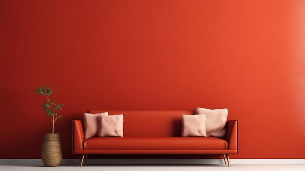 Modern living room with sofa red landscape background