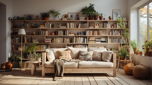 modern living room with sofa wooden floor and books