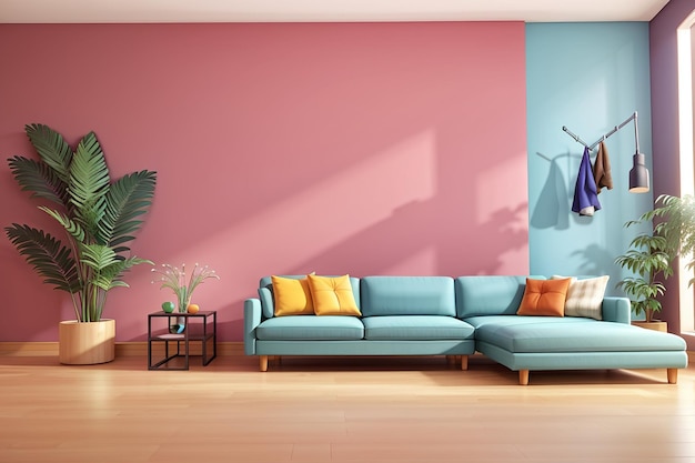 Modern living room with sofa on wooden floor and empty colorful wall 3d rendering