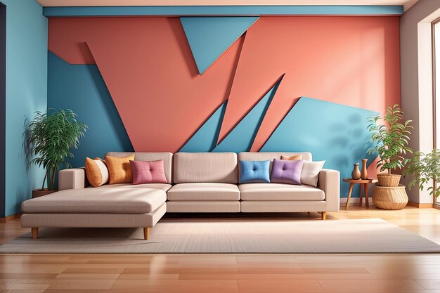 Modern living room with sofa on wooden floor and empty colorful wall 3d rendering