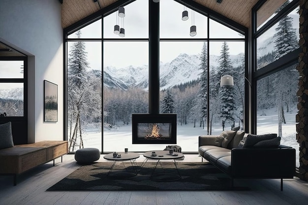 Modern living room with a stunning view of a snowy forest The room may feature large windows that provide an unobstructed view of the surrounding natural beauty Generative AI