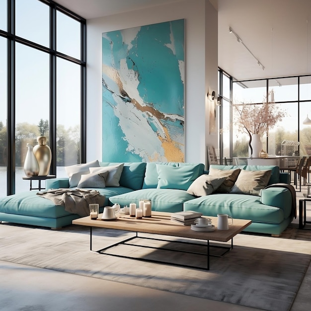 Modern living room with turquoise sofa and big posters