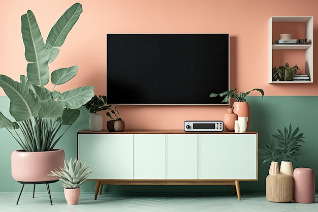 Modern living room with TV on cabinet coral wall background light cabinet frame and plant