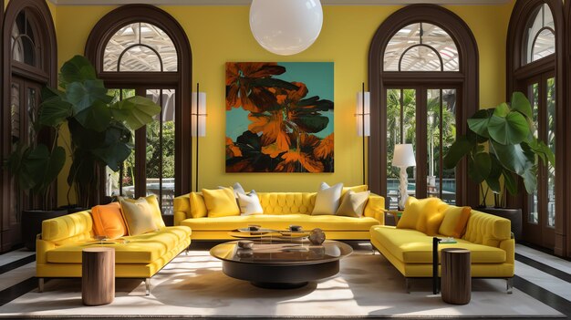 A modern living room with vibrant yellow couches and expansive windows