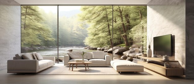 Modern living room with and view of brook