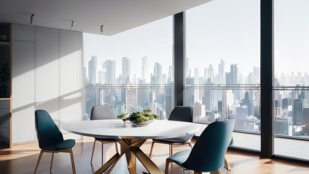 A modern living room with a view of the city.