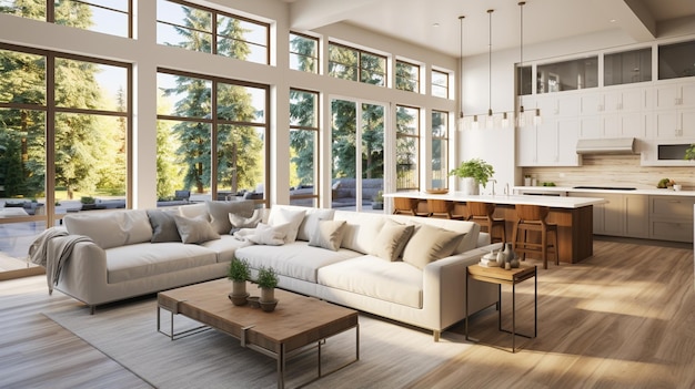 modern living room with a view of kitchen