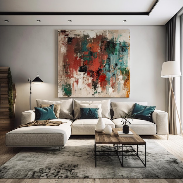 Photo modern living room with wall art and sofa generative ai