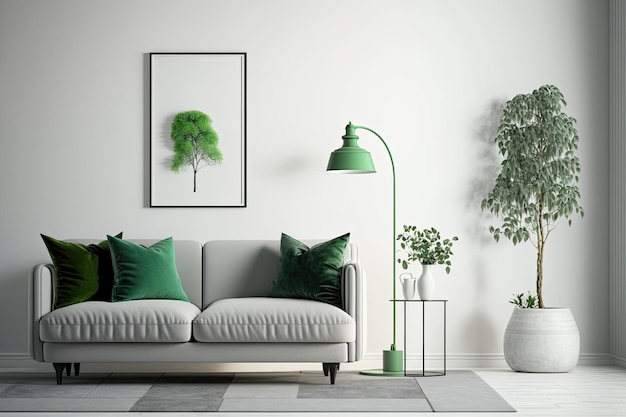 Modern living room with a white couch and vibrant green accent pillows Generative AI