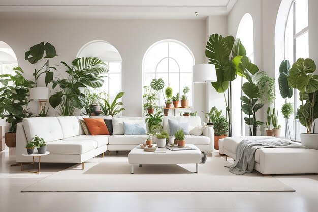 Modern living room with white furniture and plants