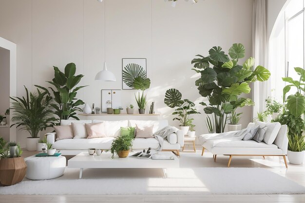 Modern living room with white furniture and plants