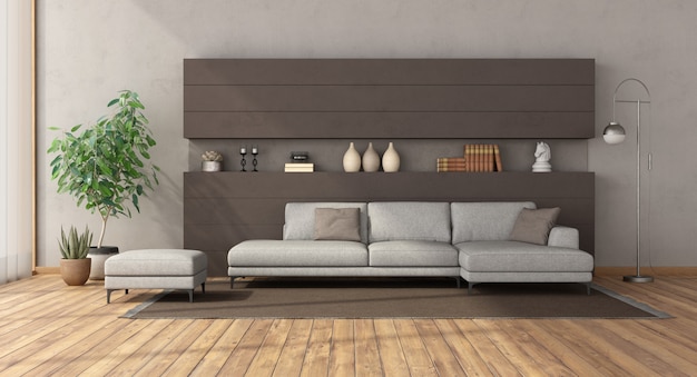 Modern living room with white sofa on brown concrete wall