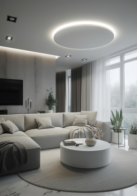 Modern living room with white sofa glass coffee table and gray rug