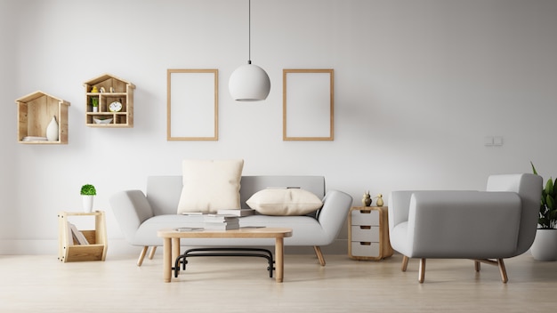 Modern living room with white sofa have cabinet and wood shelves on wood flooring and white wall