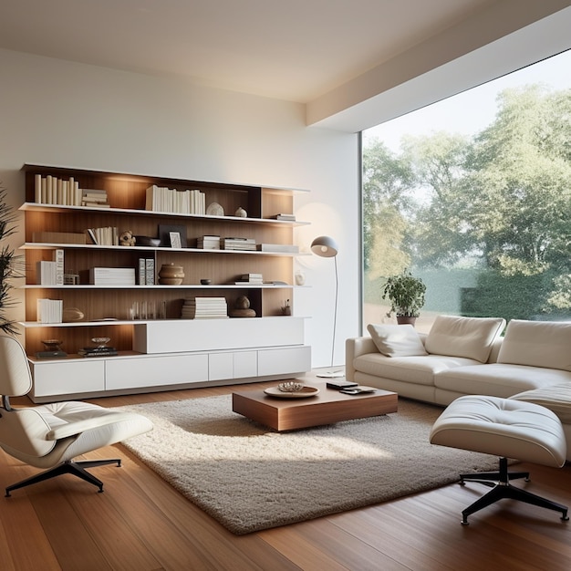 Modern living room with white sofa have cabinet and wood shelves on wood flooring