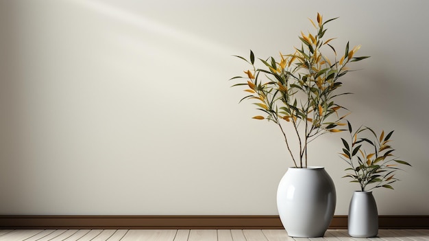白い壁の植物と家具のない現代的なリビングルーム
