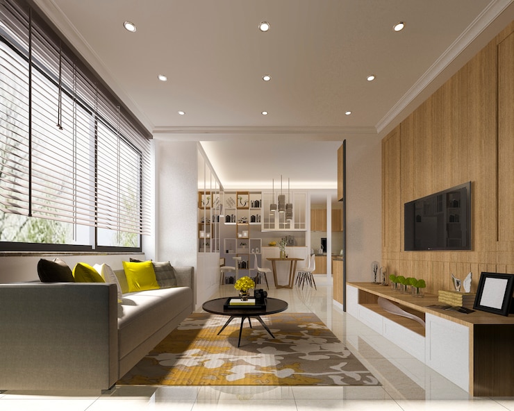 Photo modern living room with wood tv wall