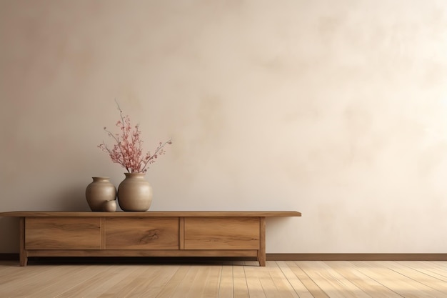 Modern living room with wooden cupboard and flower pot Created with Ai