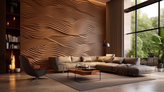 Modern living room with wooden geometric wall generative ai