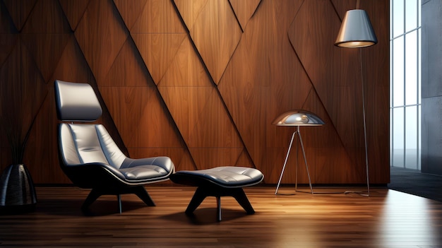 Фото Современная гостиная с деревянной геометрической стеной генеративный ии