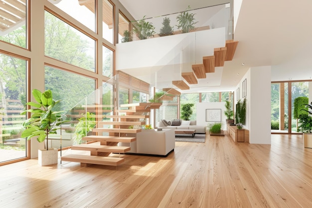 Современная гостиная с деревянной лестницей и большими окнами в дневное время