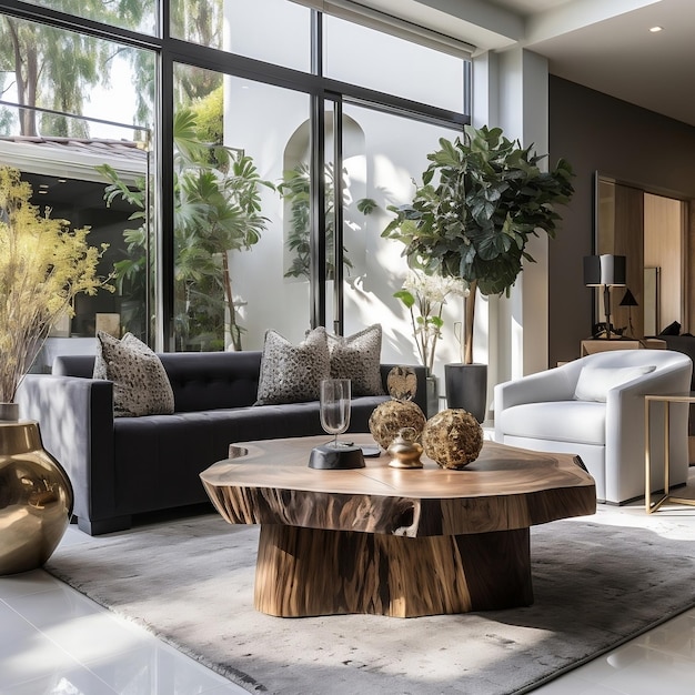 Modern living room with wooden stump coffee table near gray armchairs and sofa