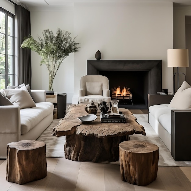 灰色のアームチェアとソファの近くの木製のストンプのコーヒーテーブルを持つ現代的なリビング