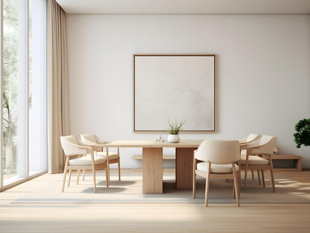 목조 테이블과 의자가 있는 현대적인 거실.