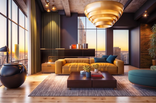 A modern living room with a yellow couch large windows and a city view at sunset
