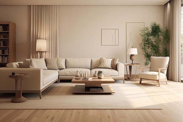 A modern living space design for a villa featuring beige furniture lightcolored walls and hardwood f