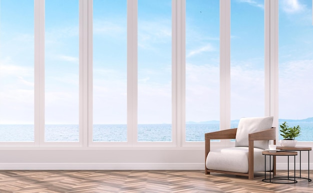 Modern living with sea view 3d rende furnished with wood and fabric furniture