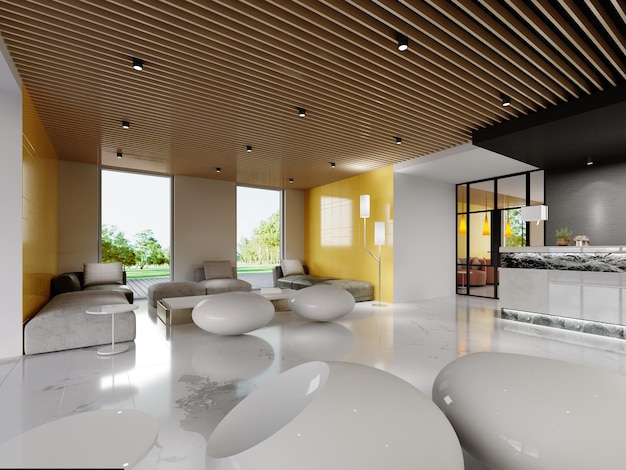 L'interno moderno della lobby in un edificio per uffici 3d rende
