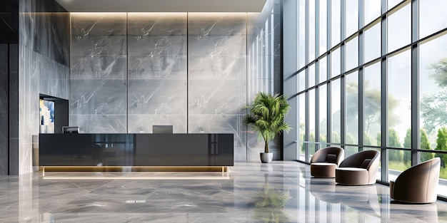 Photo modern lobby interior with marble walls and large windows