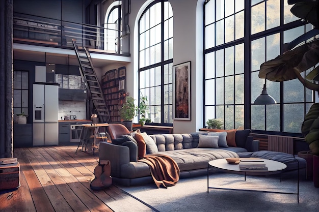 Modern loft apartment with large windows Generative AI Generative AI